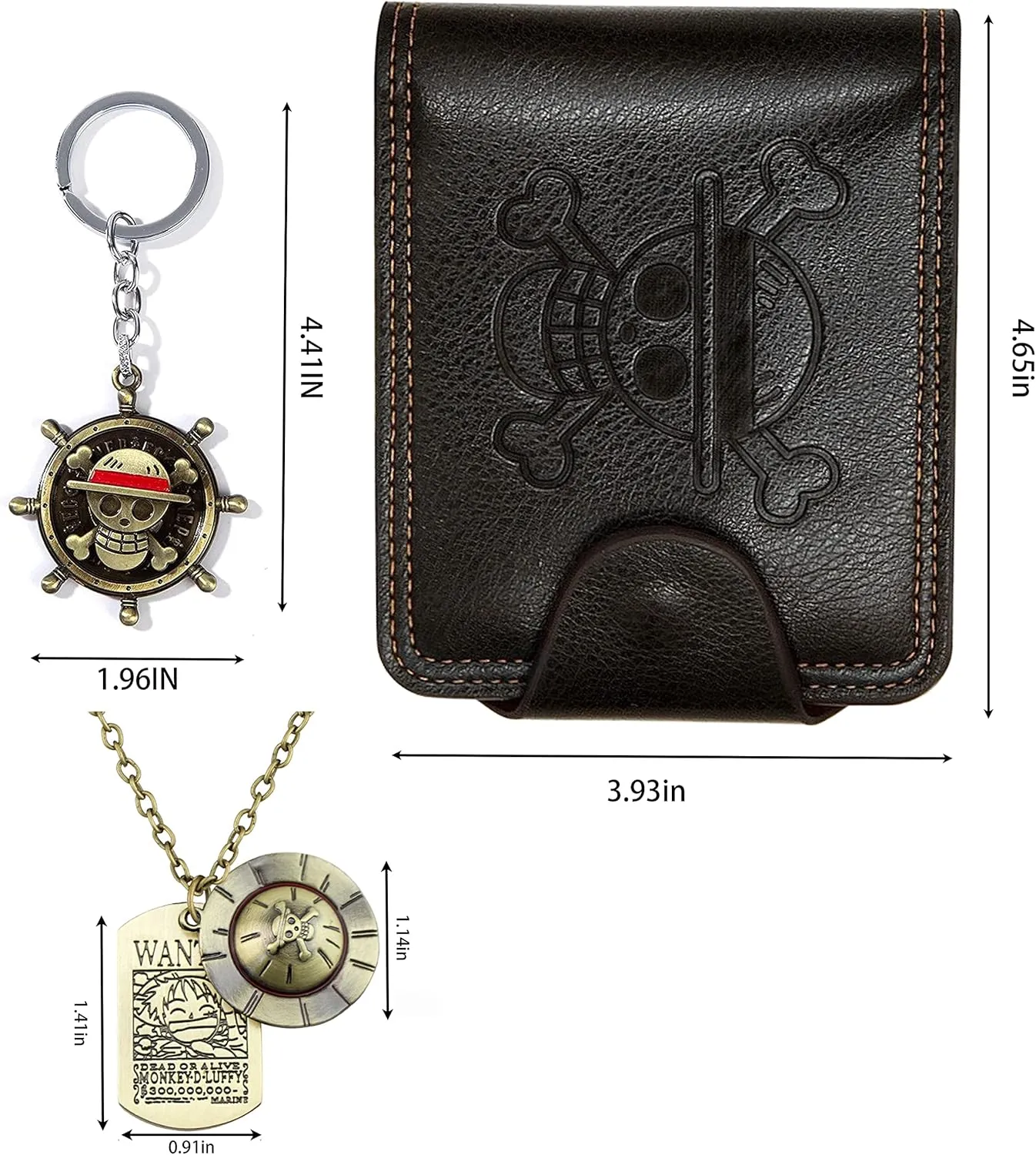 1 Piece Wallet Black Brown Bifold Anime Wallet Straw Hat Pirates Jolly Roger With Luffy Skeleton Pendant Necklace & Keychain for Men Boys Girls Women