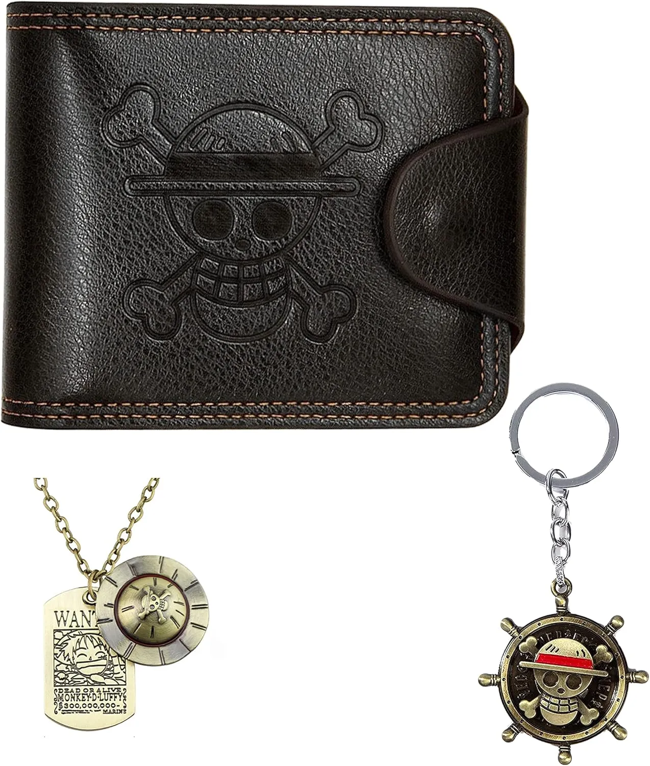 1 Piece Wallet Black Brown Bifold Anime Wallet Straw Hat Pirates Jolly Roger With Luffy Skeleton Pendant Necklace & Keychain for Men Boys Girls Women