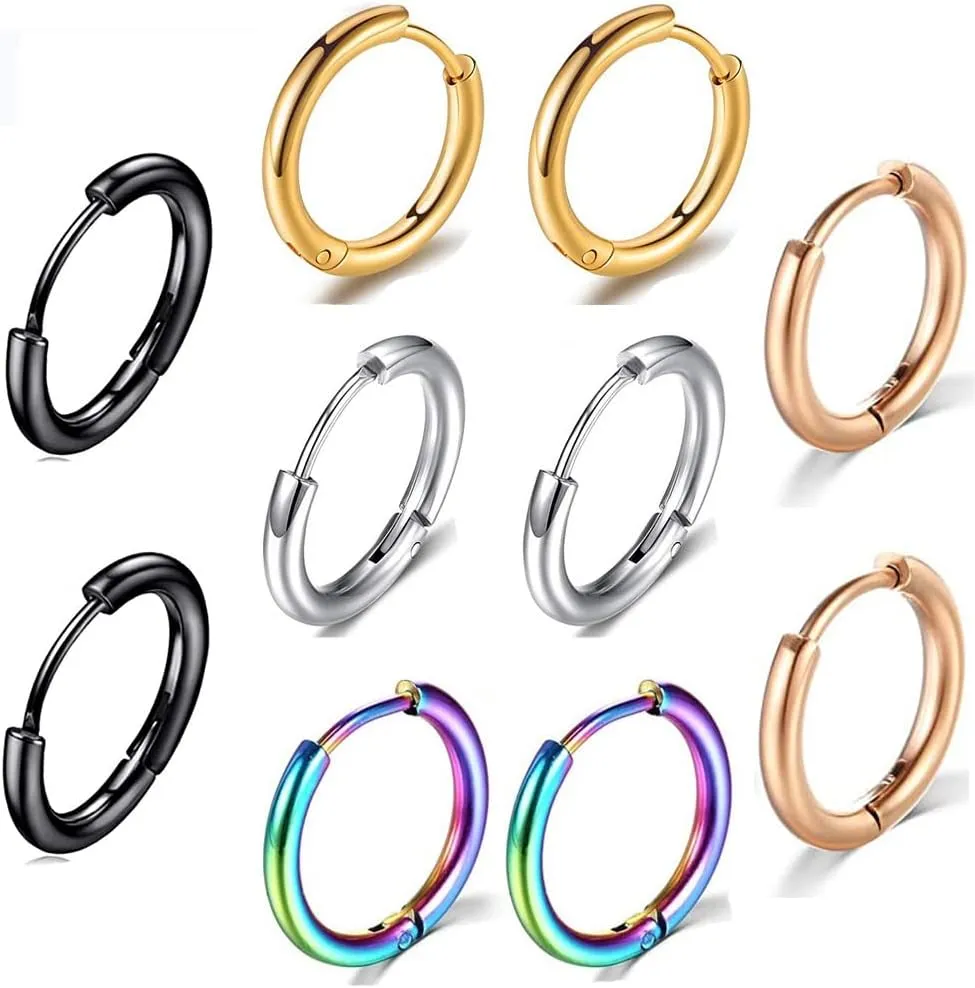 10PCS/Set 316L Surgical Stainless Steel Hoop Earrings Size 8/10/12/14mm Men's Women's Fashion Cartilage Piercing Jewelry Gifts