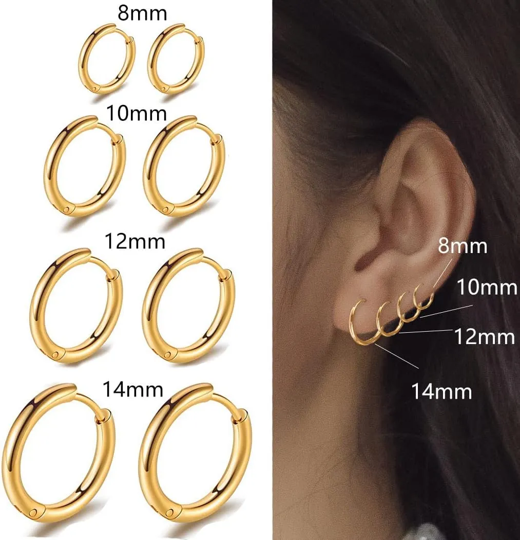 10PCS/Set 316L Surgical Stainless Steel Hoop Earrings Size 8/10/12/14mm Men's Women's Fashion Cartilage Piercing Jewelry Gifts