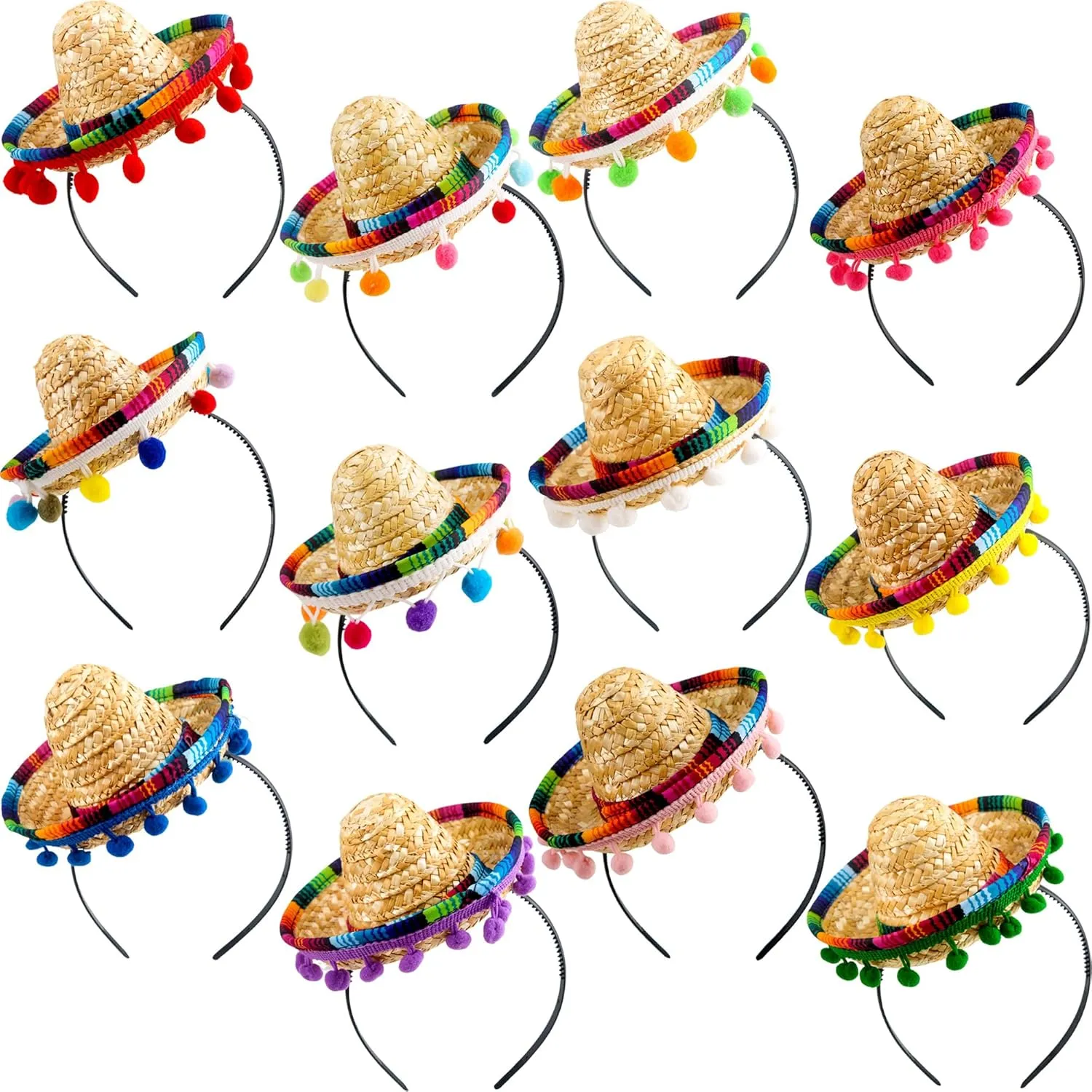 12 Pack Mexican Sombrero headband Cinco De Mayo Sombrero Hat Headband Mexican Fiesta Party Headband with Ball Fringe for Luau Fiesta Party Photo Props Mexican Decorations