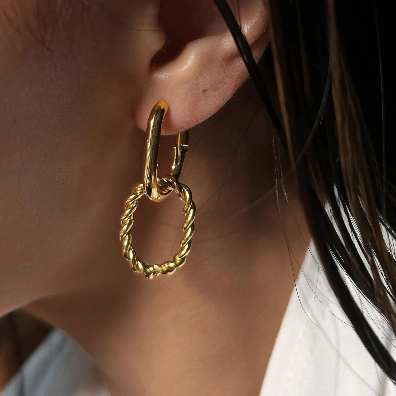 14K Gold Convertible Paperclip Link Earrings,925 Sterling Silver Post Geometric Circle Twist Huggie Hoop Earrings, Drop Dangle Earrings for Women