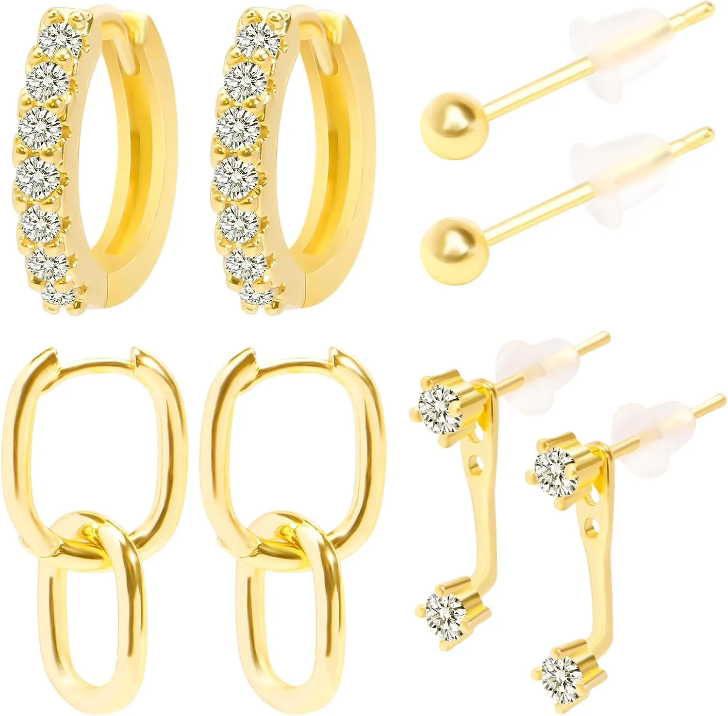 14K Gold Plated Earring Sets for Women, Paperclip Link Statement Earrings Dainty Stud Earrings for Multiple Piercing, Hypoallergenic Dangle Cartilage Huggie Hoop Earrings for Women Gifts