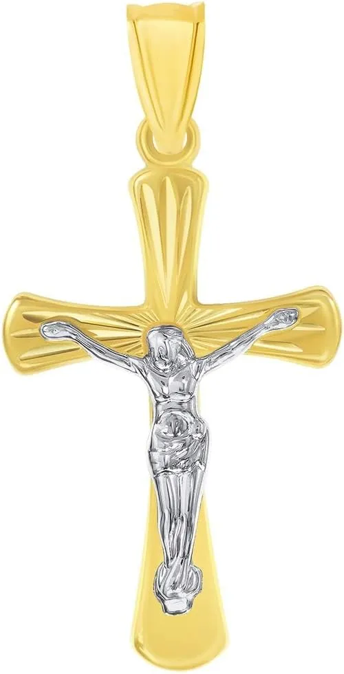 14k Two-Tone Gold High Polished Textured Religious Cross Jesus Crucifix Pendant with Figaro Chain Necklace