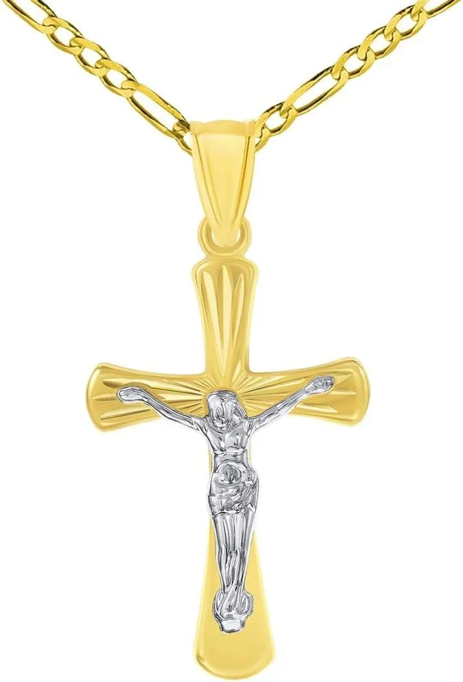 14k Two-Tone Gold High Polished Textured Religious Cross Jesus Crucifix Pendant with Figaro Chain Necklace