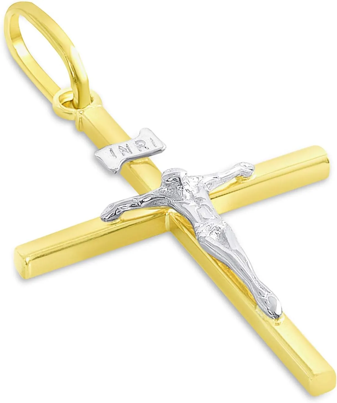 14k Two-Tone Gold Simple Catholic INRI Jesus Crucifix Pendant with Figaro Chain Necklace