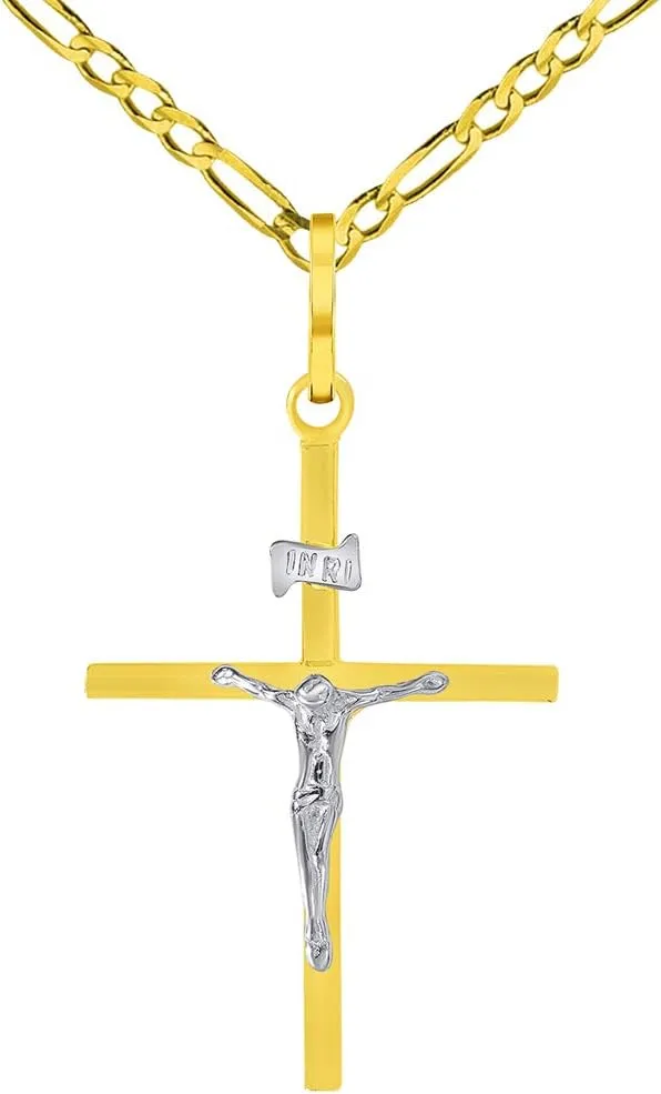 14k Two-Tone Gold Simple Catholic INRI Jesus Crucifix Pendant with Figaro Chain Necklace
