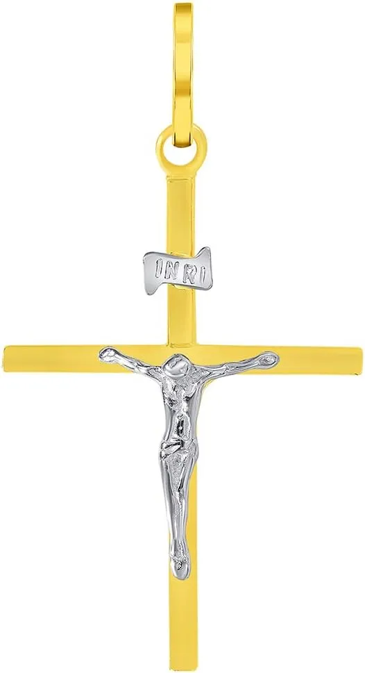 14k Two-Tone Gold Simple Catholic INRI Jesus Crucifix Pendant with Figaro Chain Necklace