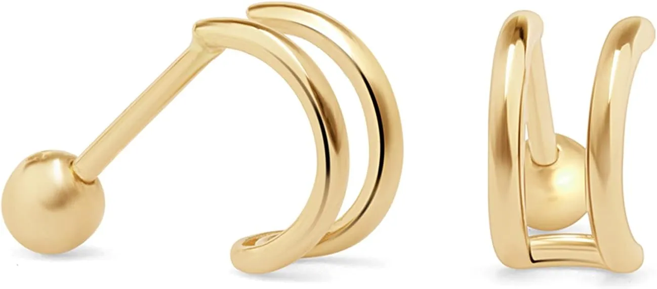 14K Yellow Gold Double Wire Ear Cuff Wrap Cartilage Stud Earring Internally Threaded Upper Ear Piercing Hypoallergenic, Sold Separately