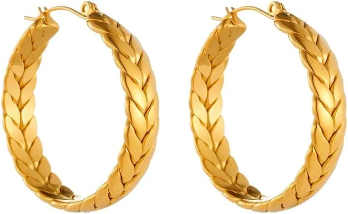 18K Gold Plated, Braided Gold Hoop Earrings  30mm Chunky Twist Design, Lightweight Statement Jewelry for Women