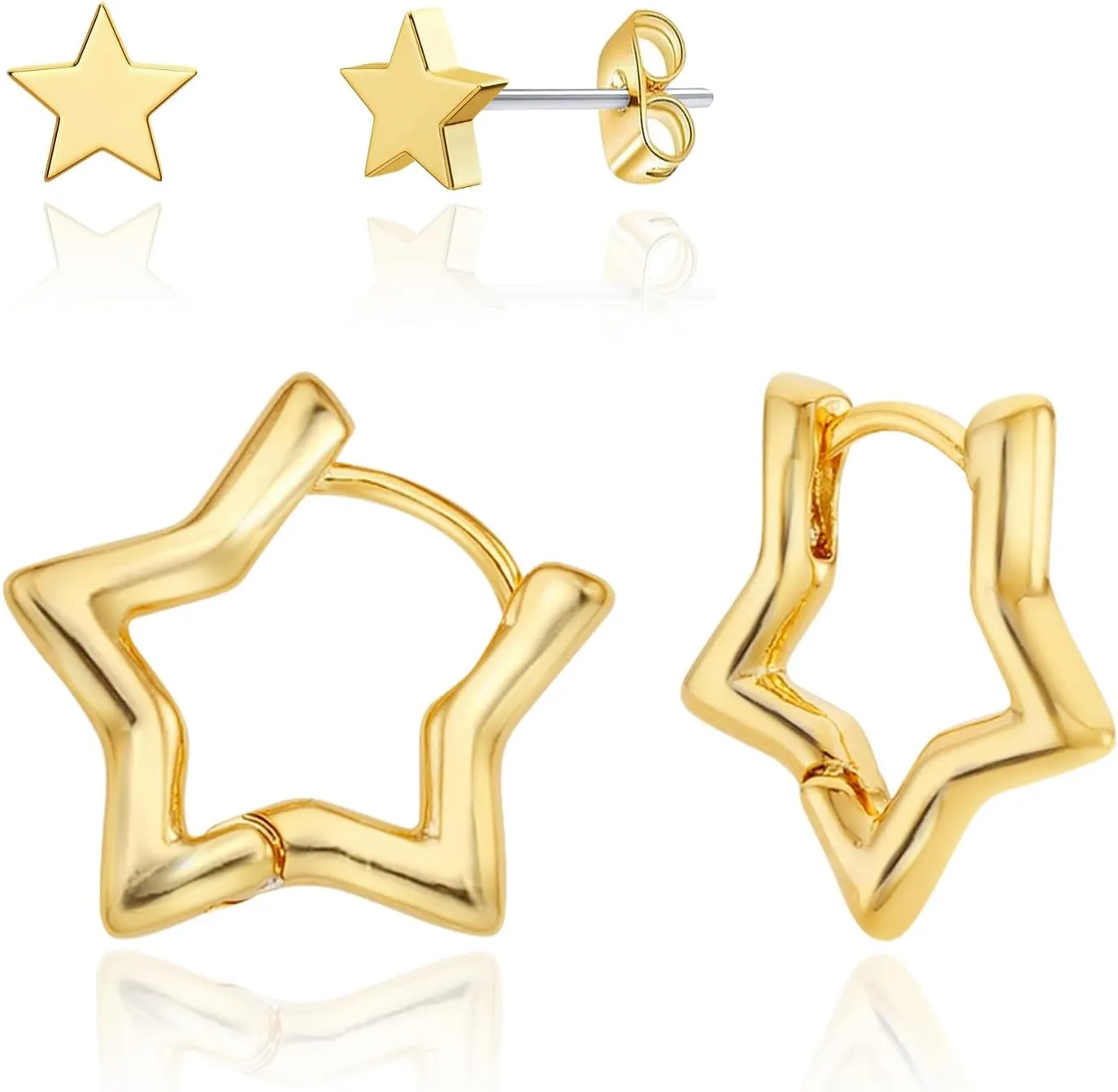 2 Pairs Cute Star Earrings for Women, Cubic Zirconia,14K Gold/Platinum Plated Stud Earrings, Simple Hoop Earrings