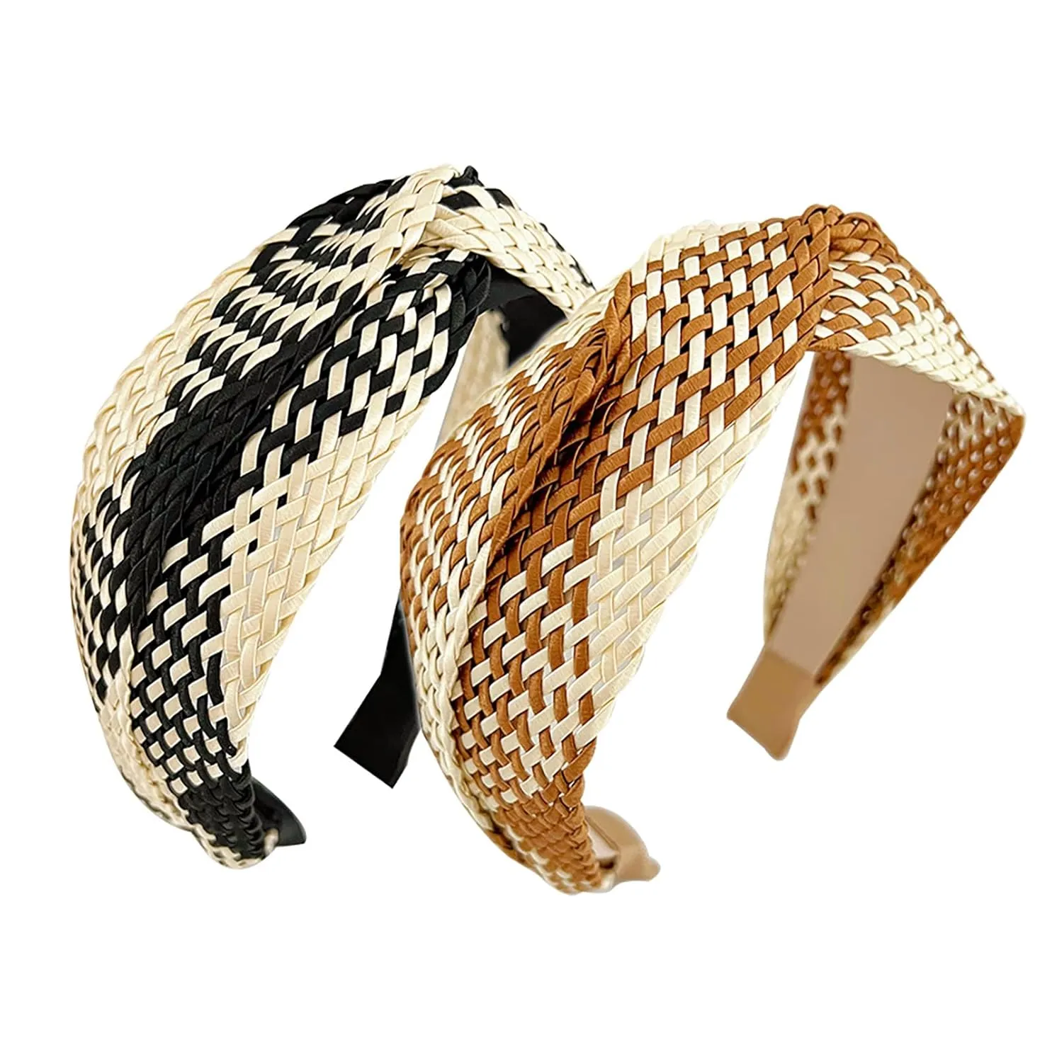 2PCS Straw Headbands for Women Rattan Wide Headband Fashion Summer Boho Braided Head Bands Non Slip Hairbands Accessories