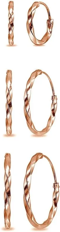 3 Pair Set Sterling Silver Twist Small Polished Round Unisex Endless Hoop Earrings, 12mm, 15mm, 18mm