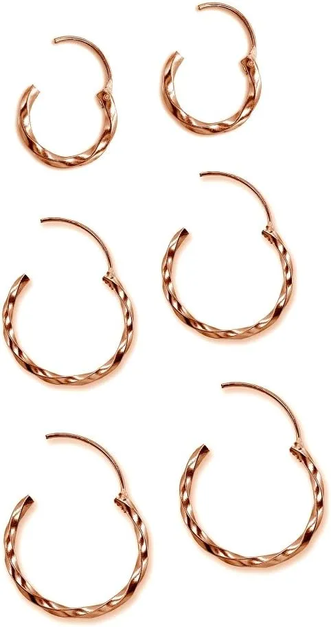 3 Pair Set Sterling Silver Twist Small Polished Round Unisex Endless Hoop Earrings, 12mm, 15mm, 18mm