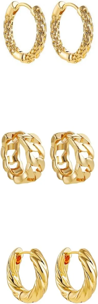 3 Pairs Hoops Earrings Set for Women, 18K Gold Plated Chain Twist Dainty Small Gold Huggie Hoop Earrings for Women