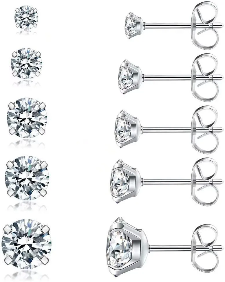 5 Pairs Stud Earrings Set, Hypoallergenic Cubic Zirconia 316L Earrings Stainless Steel CZ Earrings 3-8mm