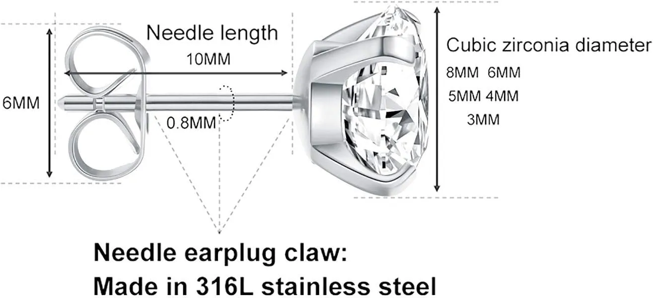 5 Pairs Stud Earrings Set, Hypoallergenic Cubic Zirconia 316L Earrings Stainless Steel CZ Earrings 3-8mm