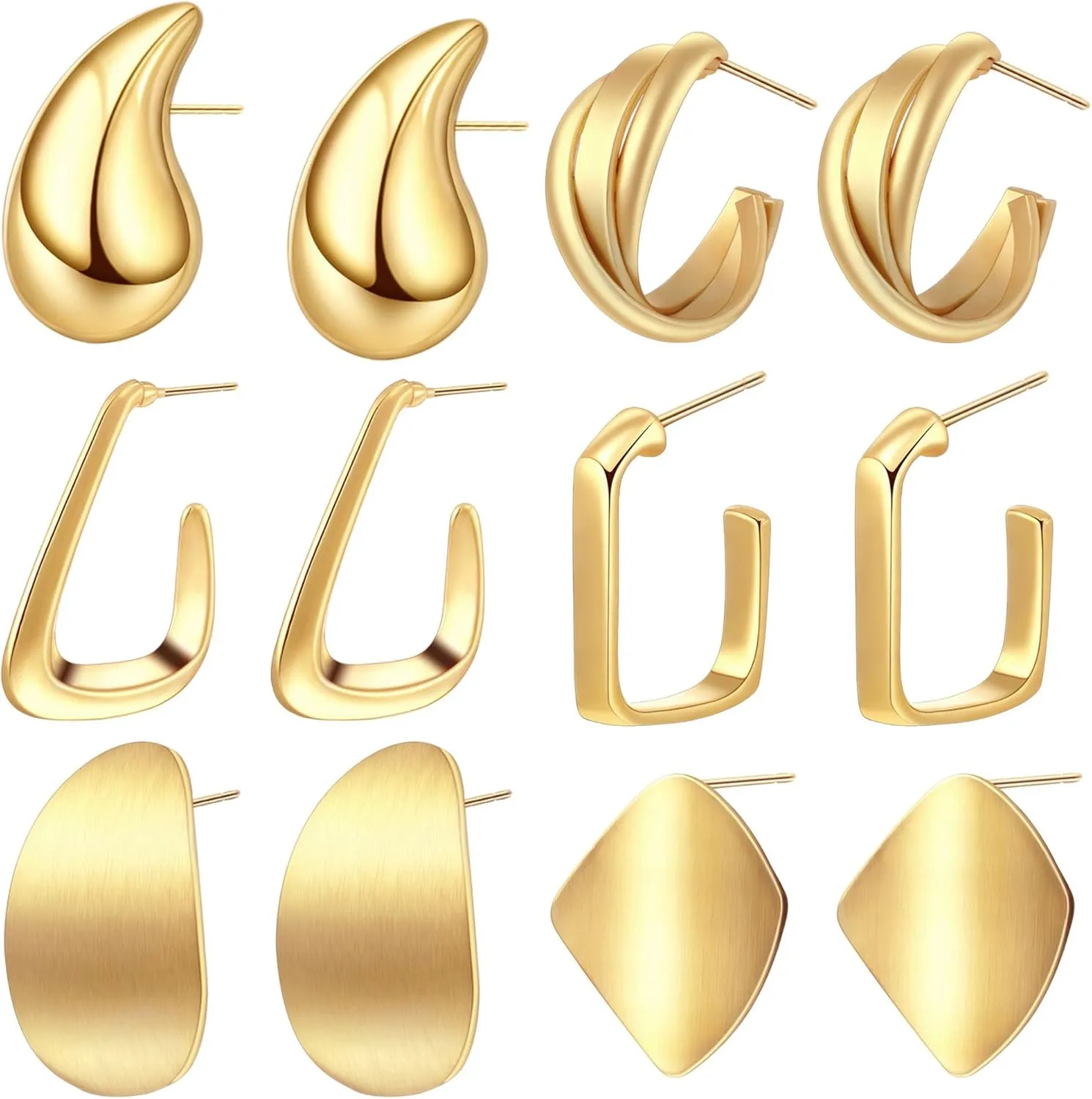 6 Pairs Gold Hoop Earrings Set for Women, Hypoallergenic 14K Gold Chunky Open Thick Teardrop Twisted Huggie Hoops Geometric Earrings Lightweight Jewelry for Gifts
