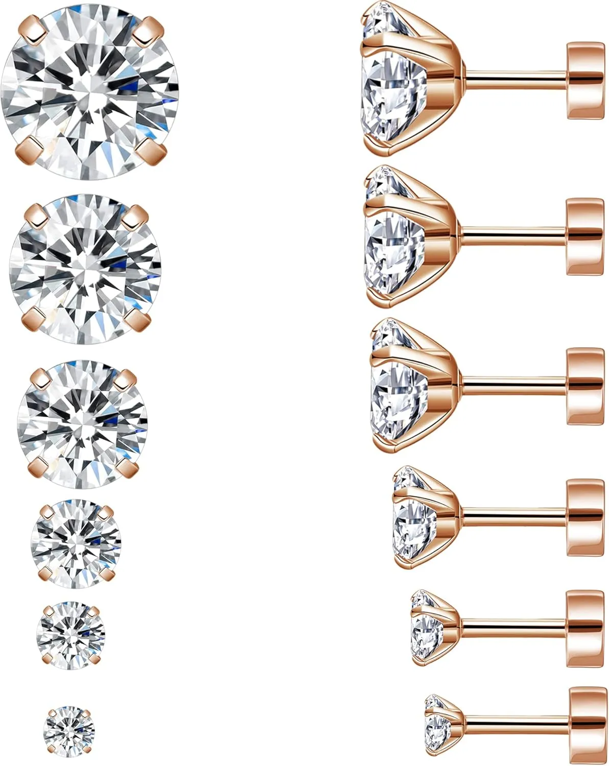 6 Pairs Titanium Screw Back Cubic Zirconia Stud Earrings, Women Men Hypoallergenic Stud Earrings set, Stainless Steel Hypoallergenic for Sensitive Ears Simulated Diamond Cartilage