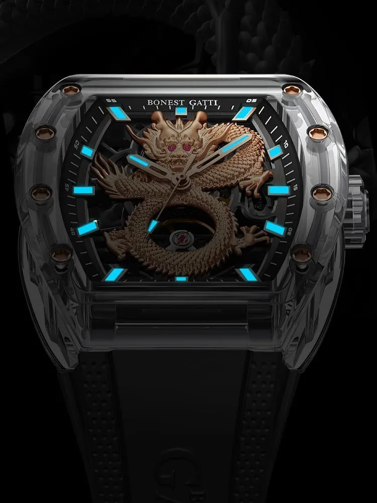 ACHARD BONEST Gatti Men Automatic Watch Tonneau Mechanical Wristwatch Crystal Case Sapphire Luminous Fluororubber Strap Dragon Dial (Black)