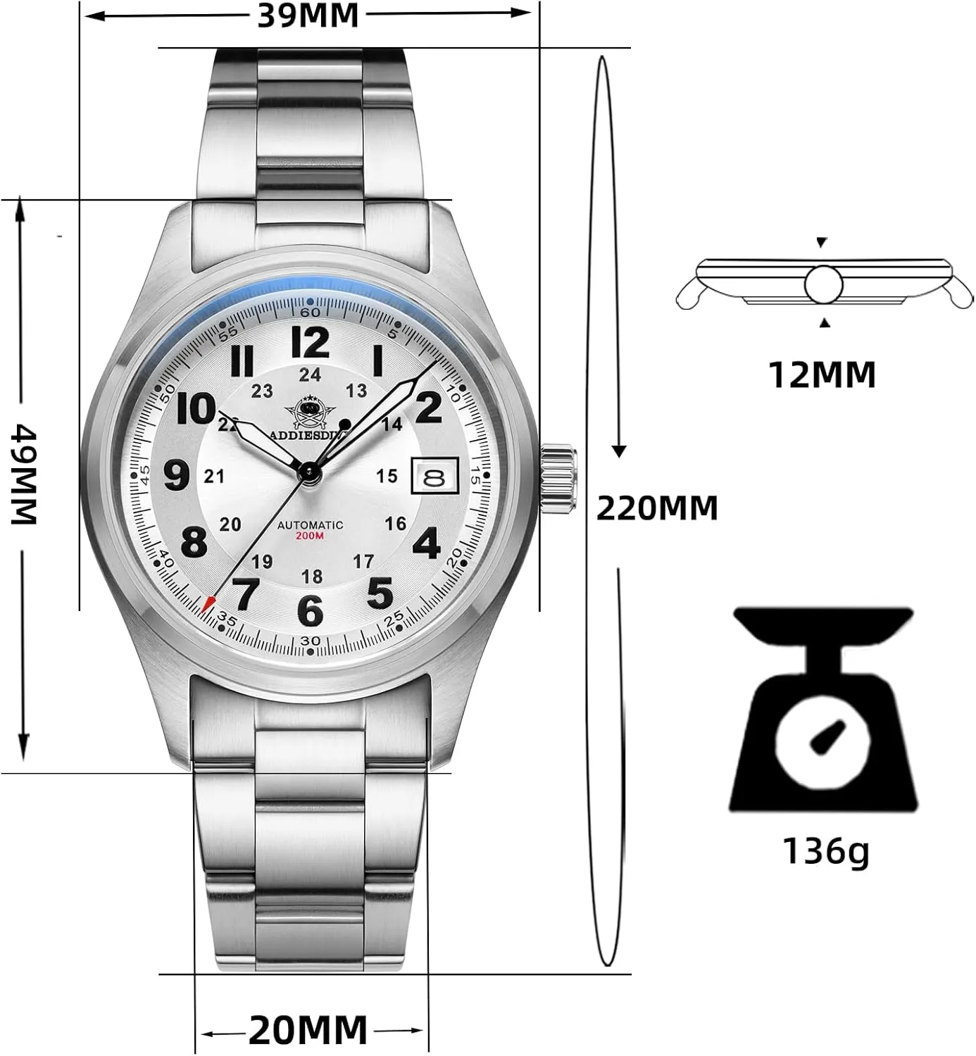 ADDIESDIVE Automatic Watches for Men Stainless Steel NH35A Movement Diver 200 M Luminescent Dial Analog Dress Watch