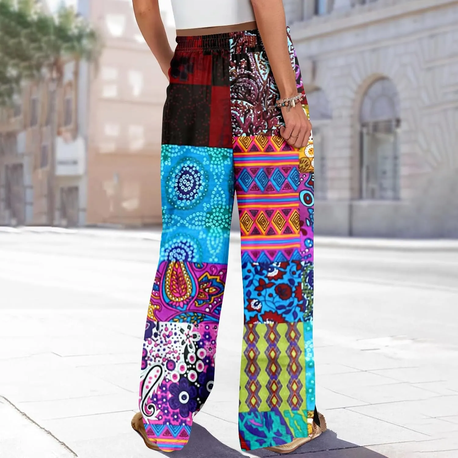 ADHOWBEW Womens Pants Casual Floral Casual 2025 Elastic Waist Baggy Summer Dressy Bottoms