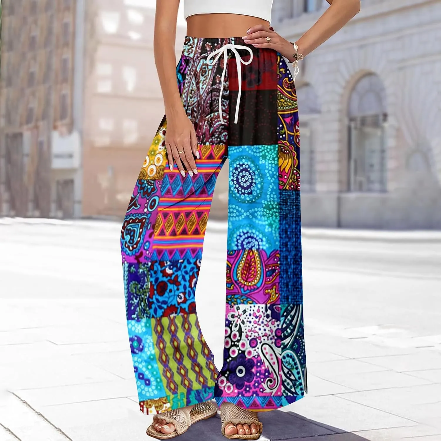 ADHOWBEW Womens Pants Casual Floral Casual 2025 Elastic Waist Baggy Summer Dressy Bottoms