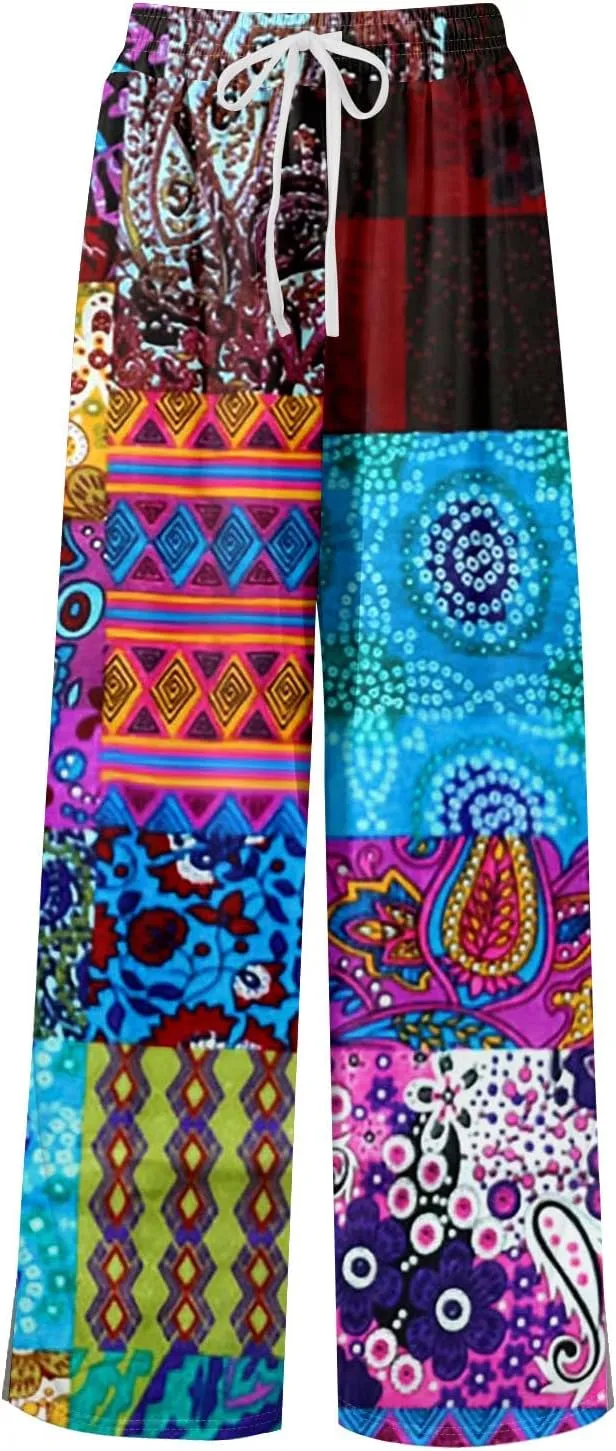 ADHOWBEW Womens Pants Casual Floral Casual 2025 Elastic Waist Baggy Summer Dressy Bottoms