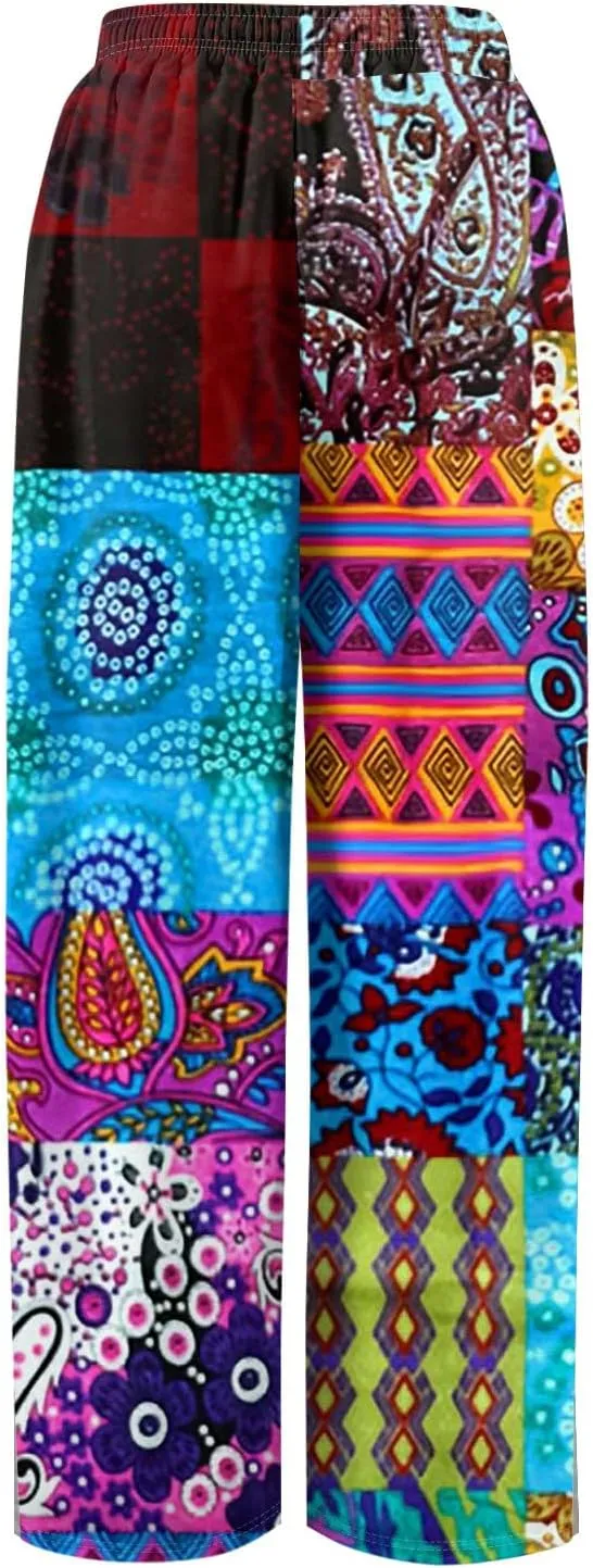 ADHOWBEW Womens Pants Casual Floral Casual 2025 Elastic Waist Baggy Summer Dressy Bottoms