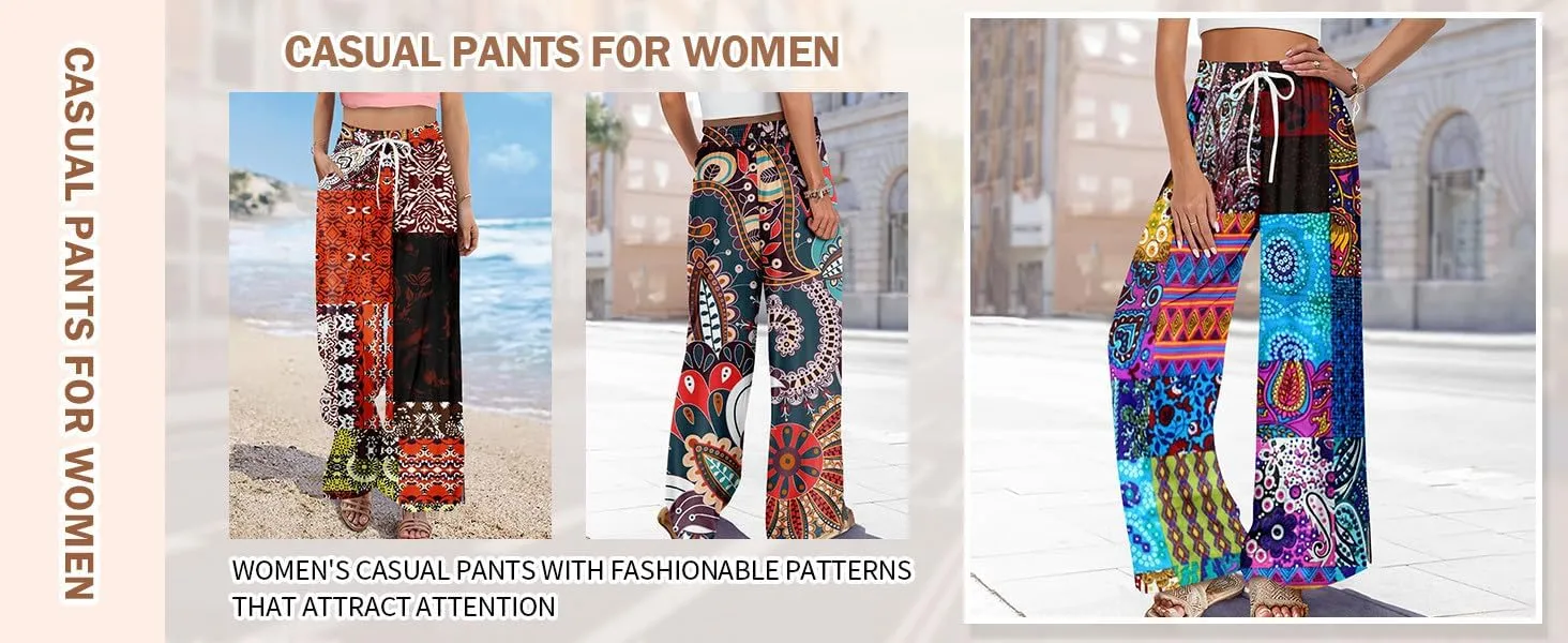 ADHOWBEW Womens Pants Casual Floral Casual 2025 Elastic Waist Baggy Summer Dressy Bottoms