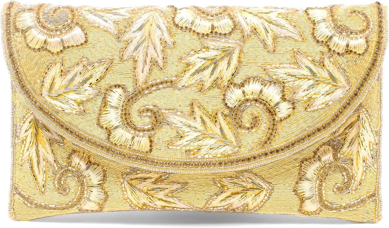 Aheli Golden Floral Design Clutch Purses for Women Handmade Evening Handbag Stylish Bridal Fashion Clutch Bag for Women