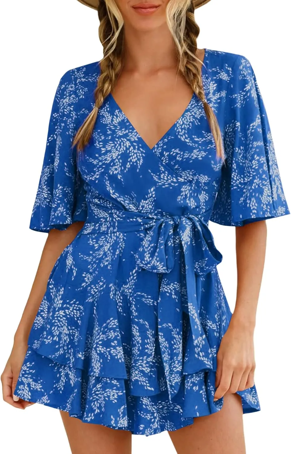 AIMCOO Womens Summer Short Flared Sleeve Romper V Neck Floral Print Jumpsuit Waist Tie Layer Ruffle Hem Dress Look Rompers