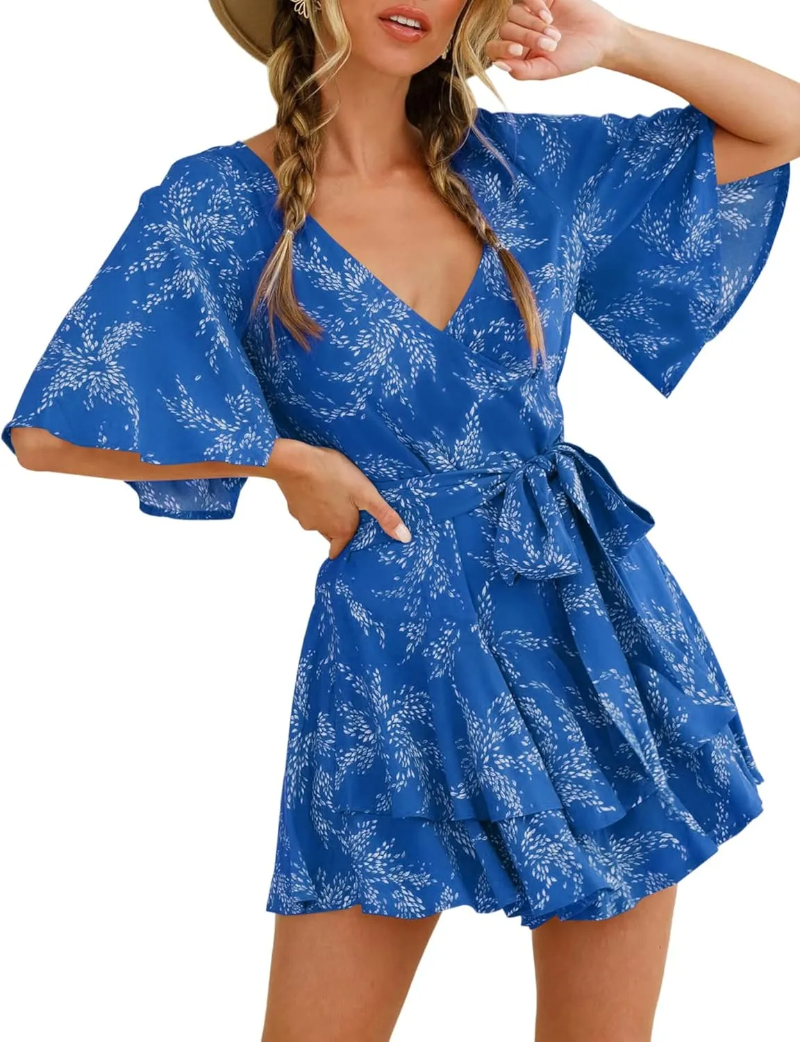 AIMCOO Womens Summer Short Flared Sleeve Romper V Neck Floral Print Jumpsuit Waist Tie Layer Ruffle Hem Dress Look Rompers