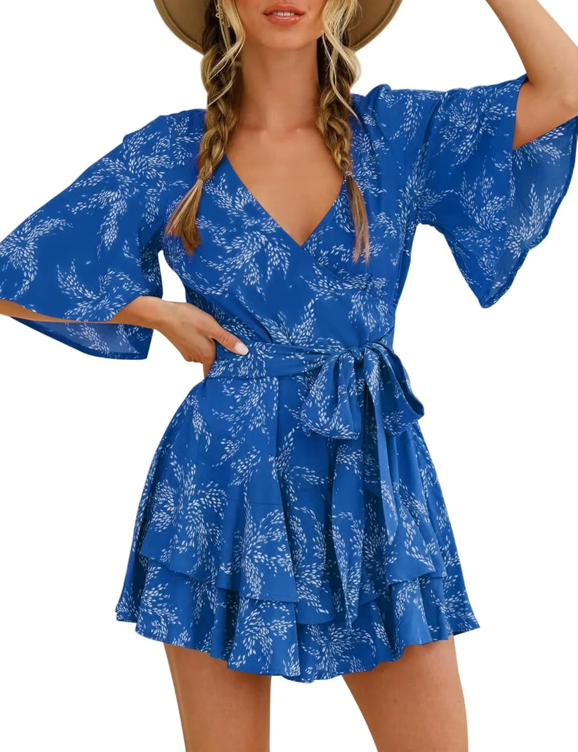 AIMCOO Womens Summer Short Flared Sleeve Romper V Neck Floral Print Jumpsuit Waist Tie Layer Ruffle Hem Dress Look Rompers