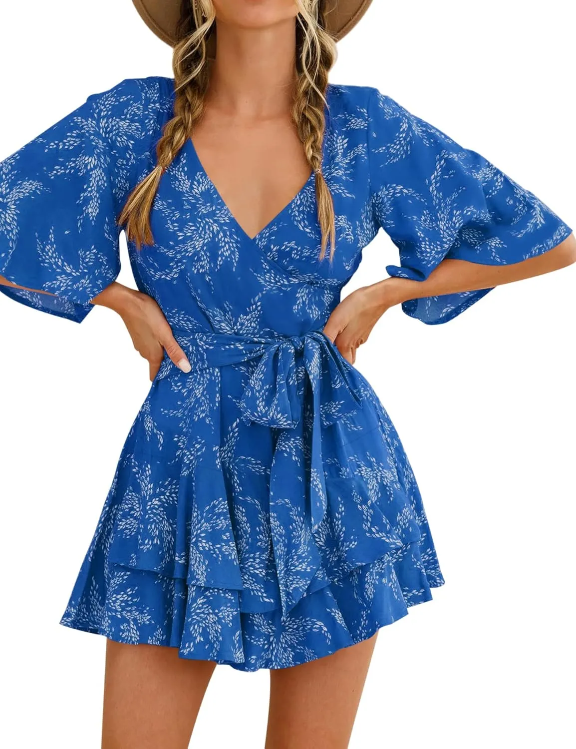 AIMCOO Womens Summer Short Flared Sleeve Romper V Neck Floral Print Jumpsuit Waist Tie Layer Ruffle Hem Dress Look Rompers