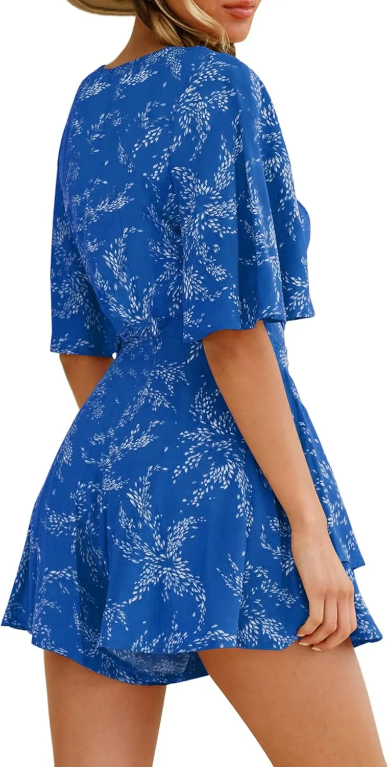 AIMCOO Womens Summer Short Flared Sleeve Romper V Neck Floral Print Jumpsuit Waist Tie Layer Ruffle Hem Dress Look Rompers