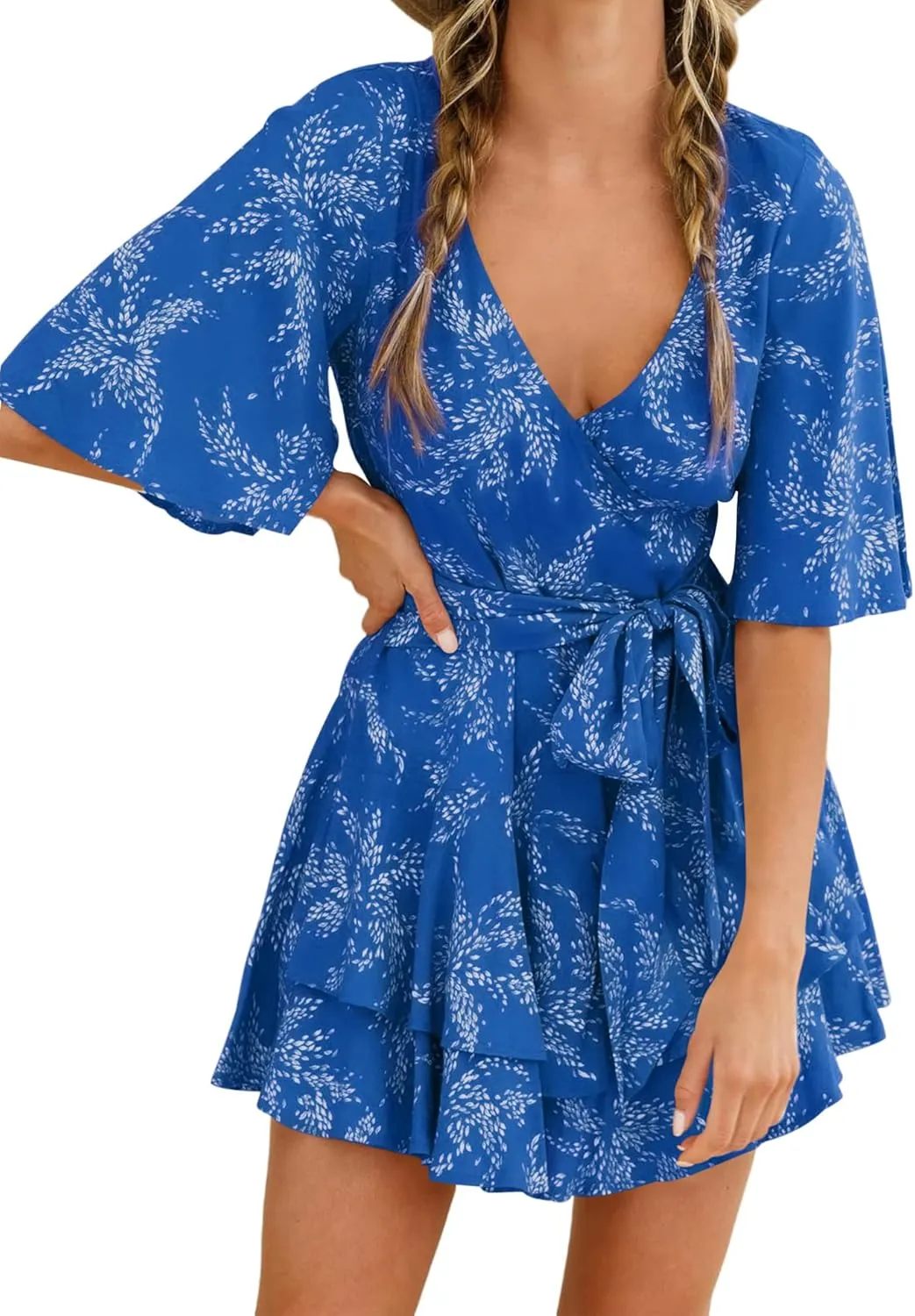 AIMCOO Womens Summer Short Flared Sleeve Romper V Neck Floral Print Jumpsuit Waist Tie Layer Ruffle Hem Dress Look Rompers