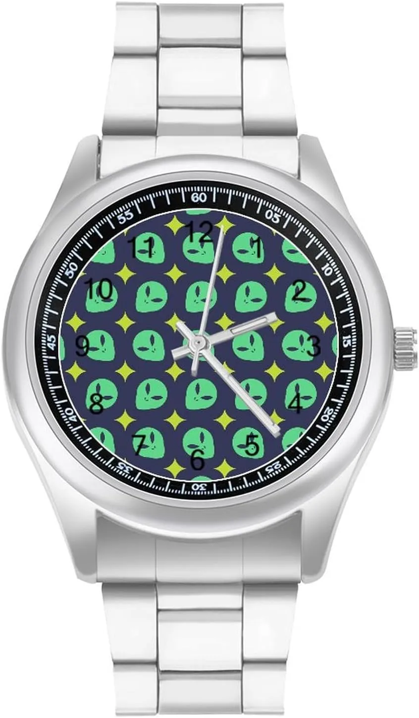 Alien Head Pattern Stainless Steel Strap Business Watches for Men Easy Reader Work Casual Watch