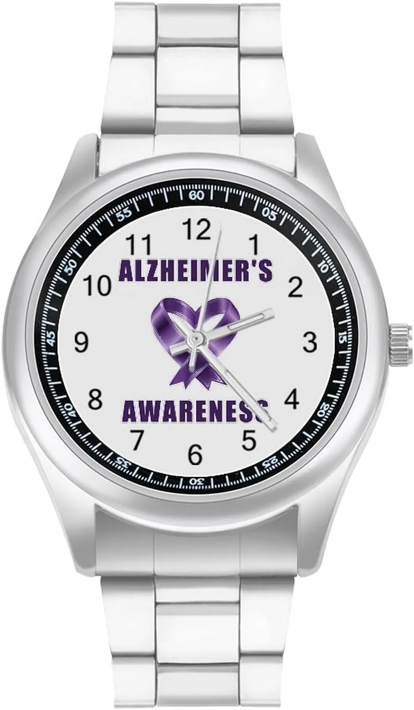 Alzheimer's Awareness Stainless Steel Strap Simple Business Watches for Men Easy Reader Work Casual Watch