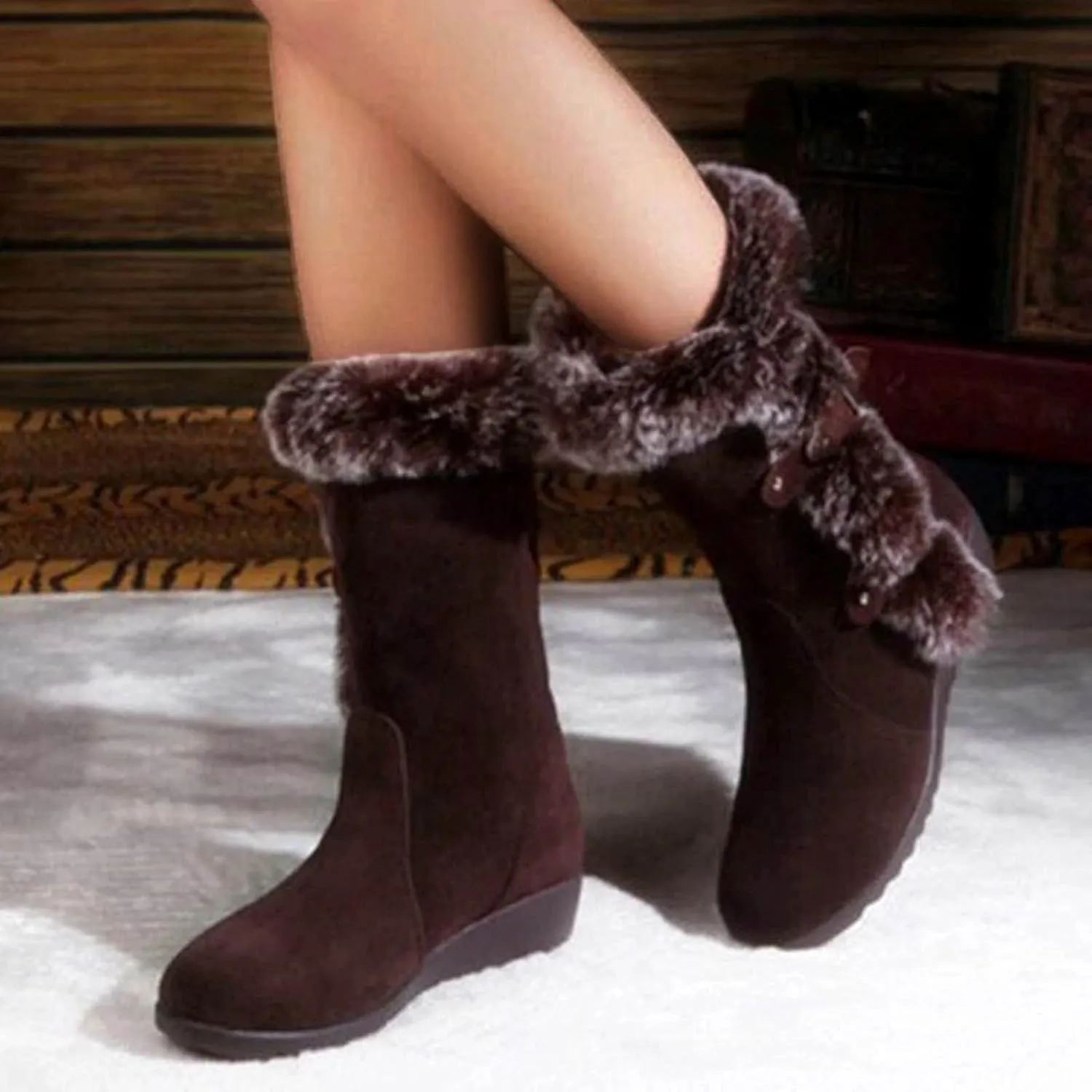 Ankle Boots for Women Comfy Fashion Suede Winter Warm Padded Cotton Boots Slope Heel Belt Buckle Fur Mid-Calf Boots