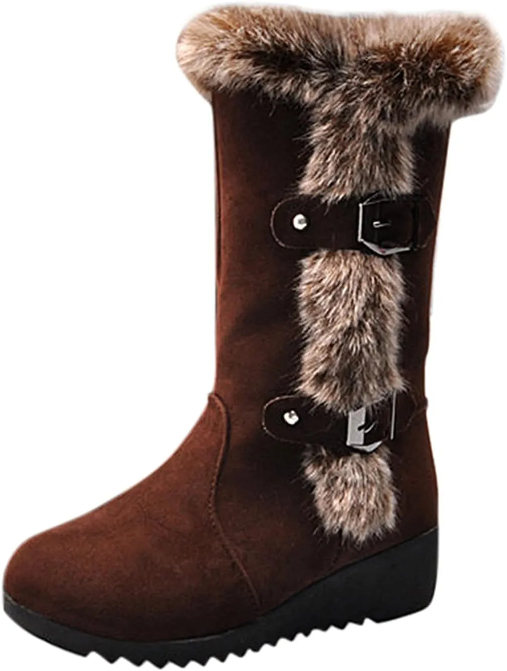 Ankle Boots for Women Comfy Fashion Suede Winter Warm Padded Cotton Boots Slope Heel Belt Buckle Fur Mid-Calf Boots