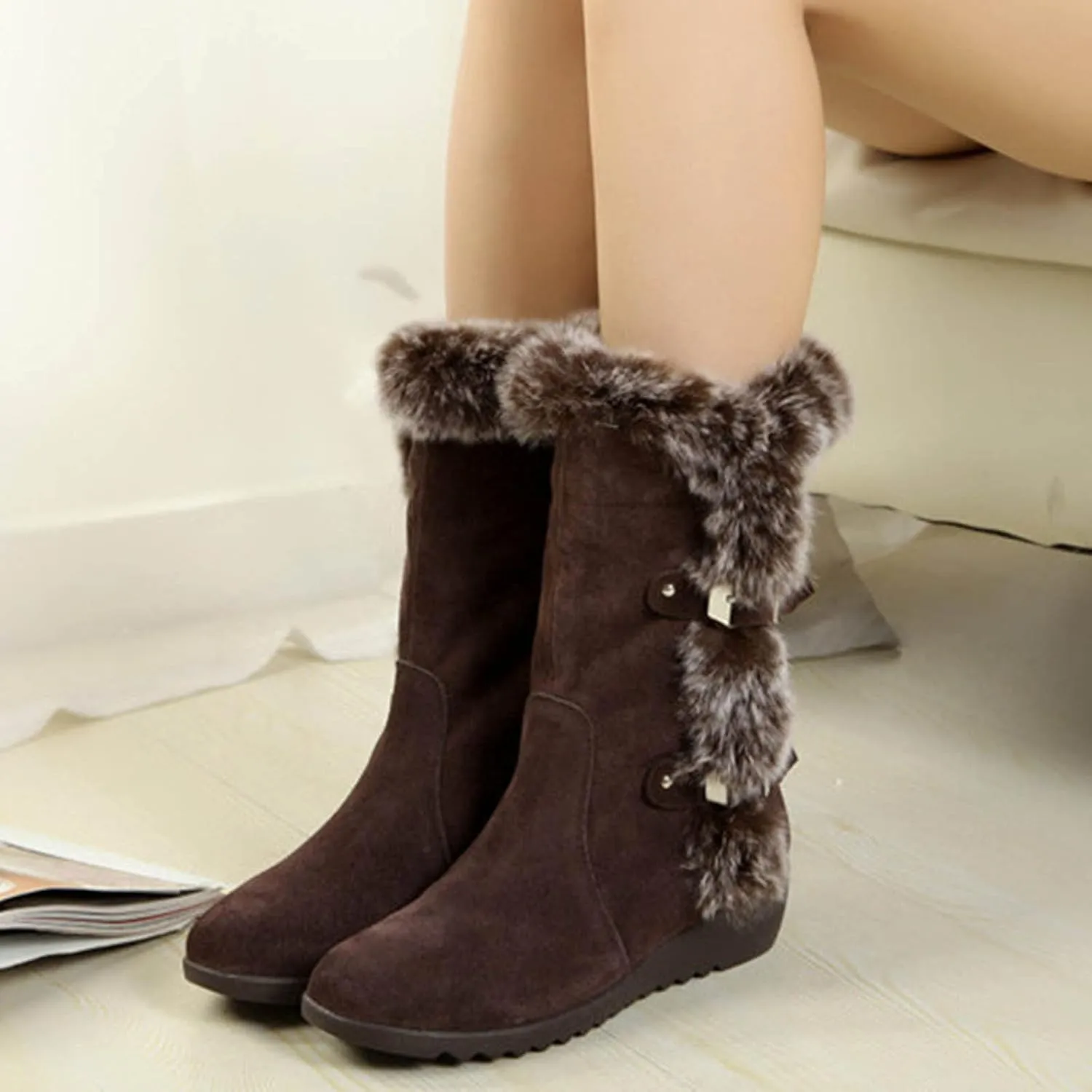 Ankle Boots for Women Comfy Fashion Suede Winter Warm Padded Cotton Boots Slope Heel Belt Buckle Fur Mid-Calf Boots