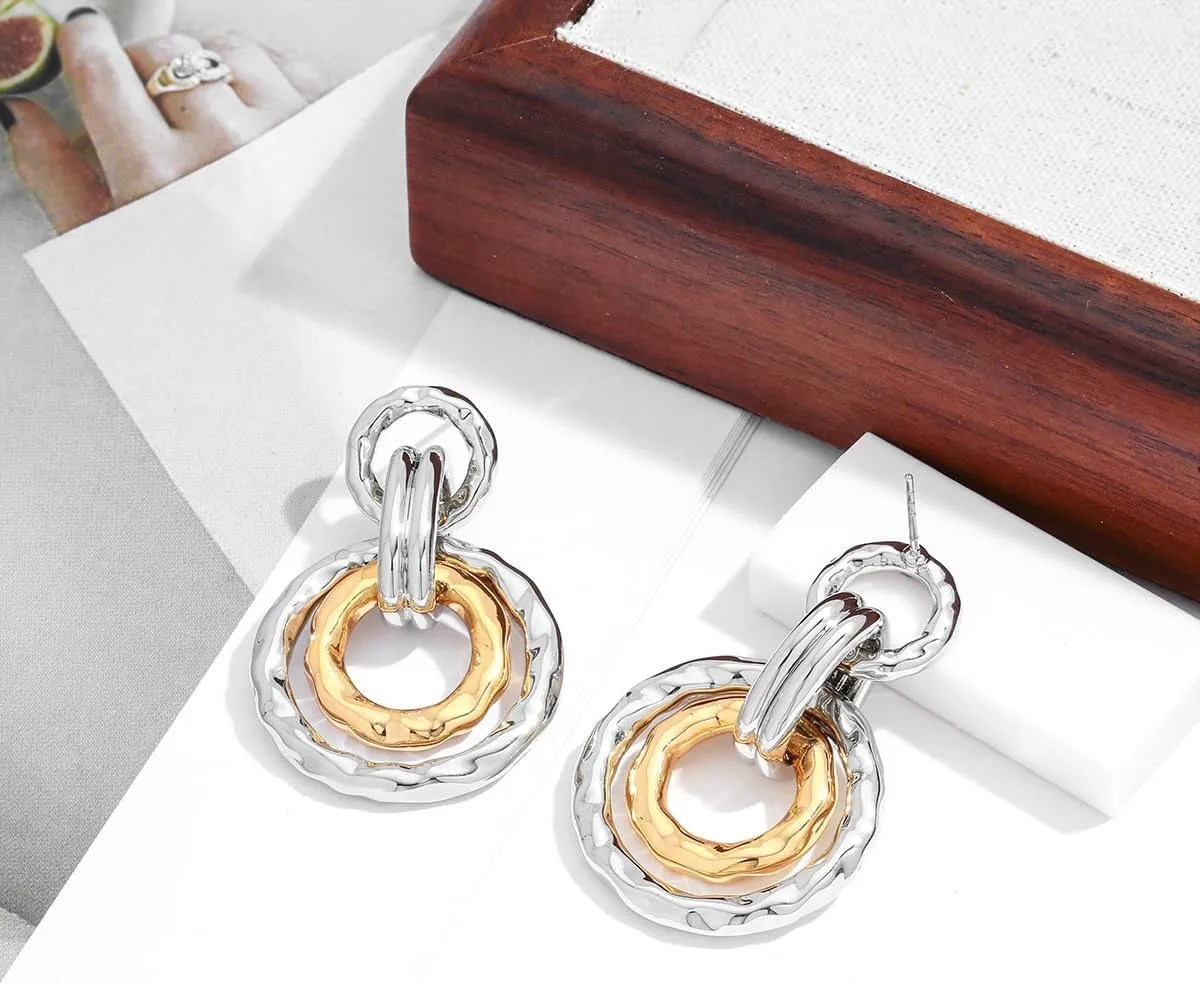 Antique Gold Hammered Disc Drop Earrings Boho Earrings with Two Tone Jewelry Gift