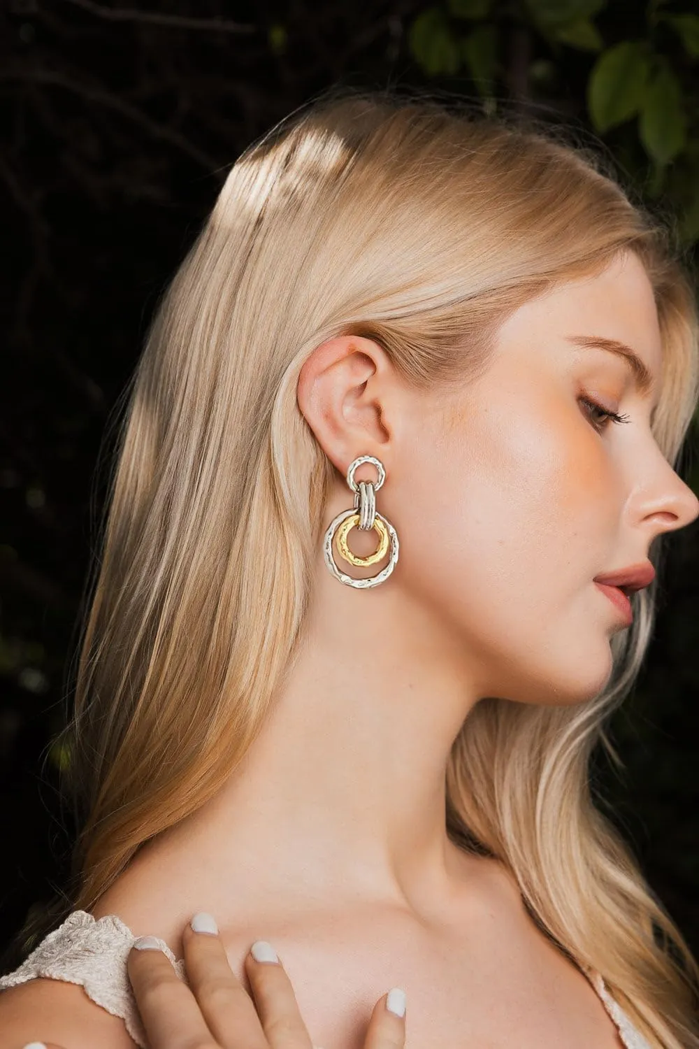 Antique Gold Hammered Disc Drop Earrings Boho Earrings with Two Tone Jewelry Gift