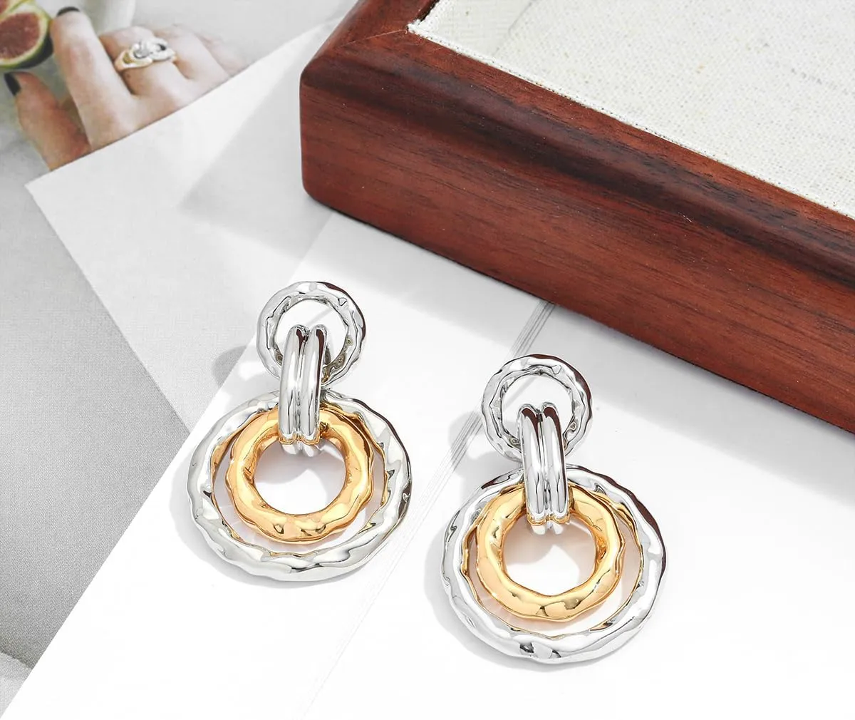 Antique Gold Hammered Disc Drop Earrings Boho Earrings with Two Tone Jewelry Gift