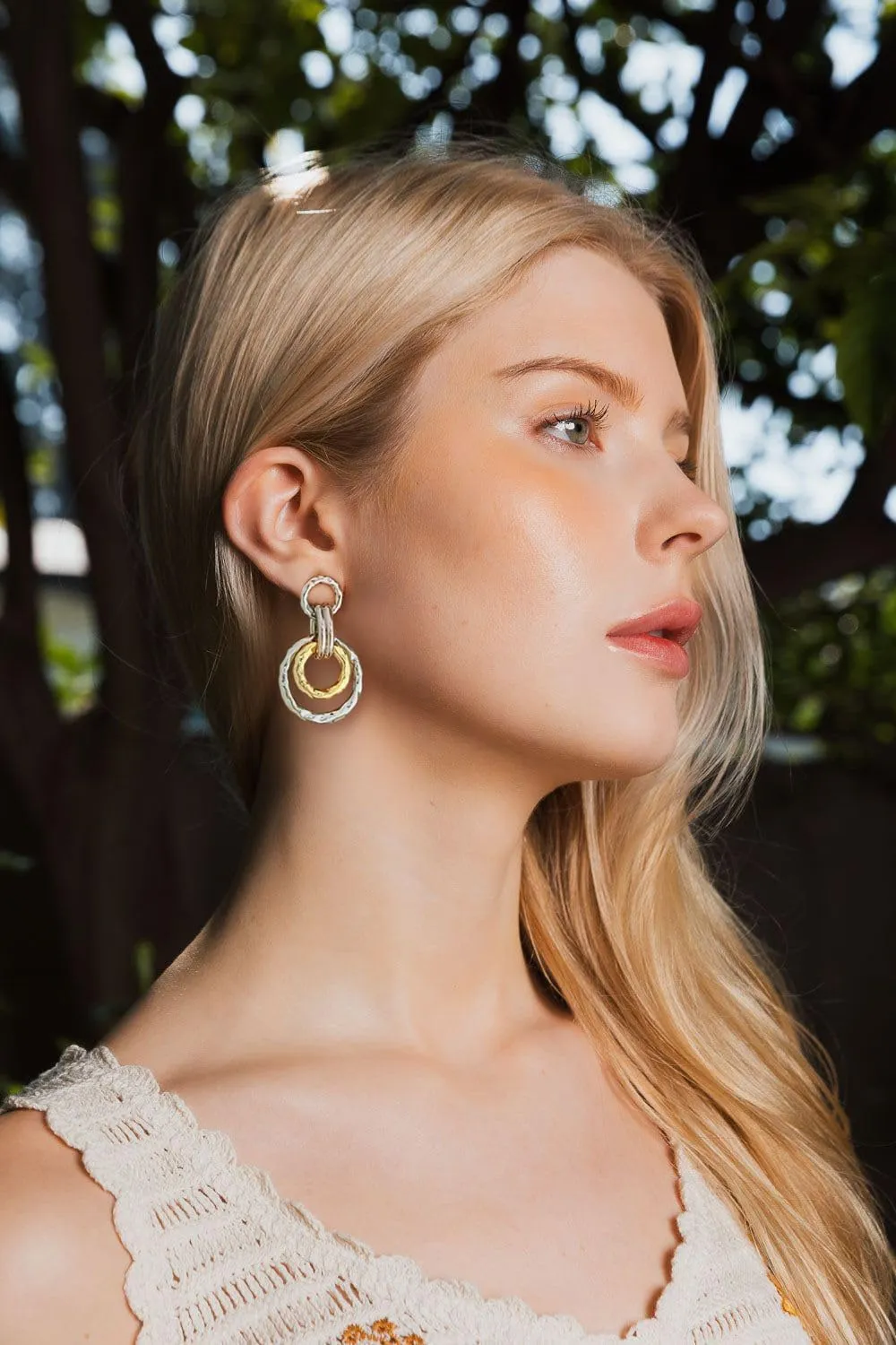 Antique Gold Hammered Disc Drop Earrings Boho Earrings with Two Tone Jewelry Gift