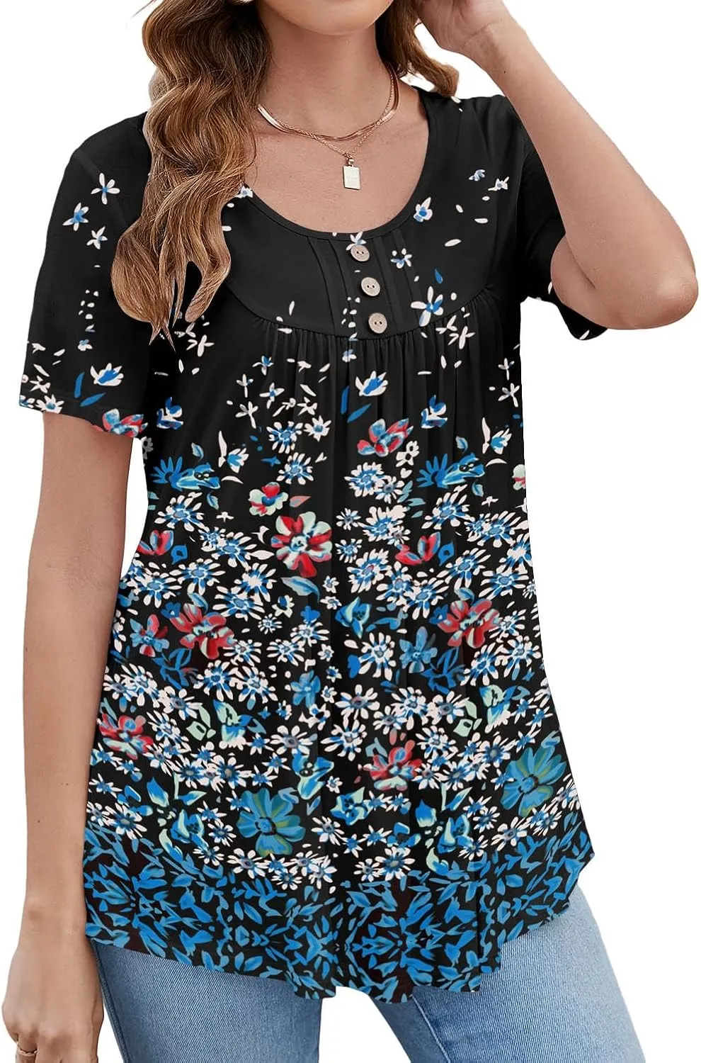 BeadChica Women's Tunic Tops For Leggings Short Sleeve Shirts Botton Up Casual Ruched Blouses Clothes