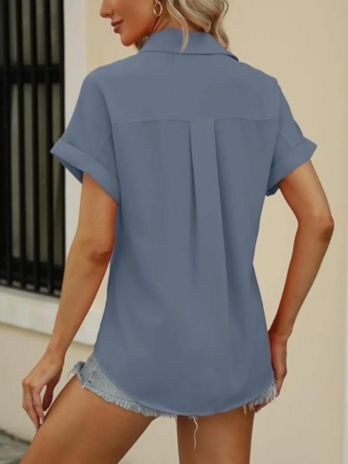 Beautife Womens Short Sleeve Shirts V Neck Collared Button Down Shirt Tops with Pockets