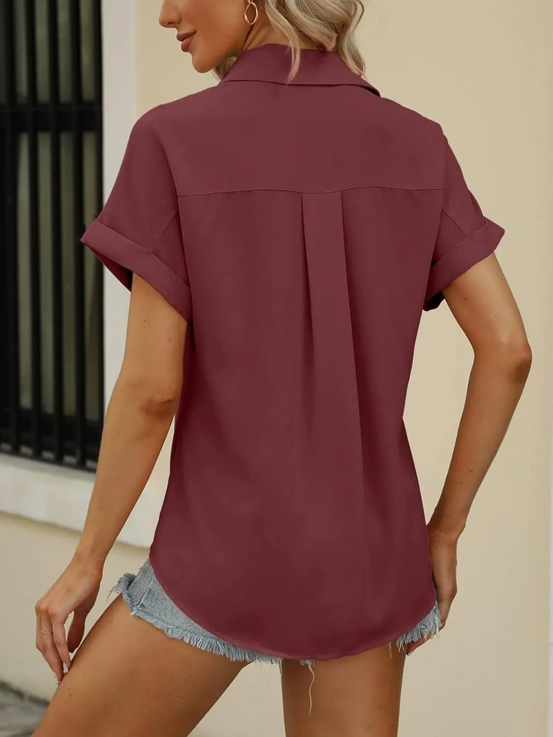 Beautife Womens Short Sleeve Shirts V Neck Collared Button Down Shirt Tops with Pockets