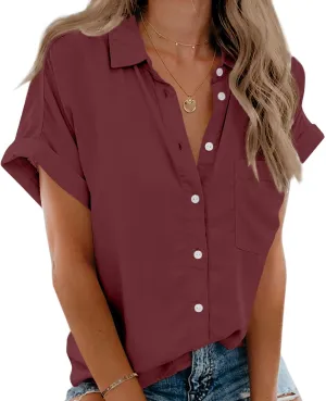 Beautife Womens Short Sleeve Shirts V Neck Collared Button Down Shirt Tops with Pockets